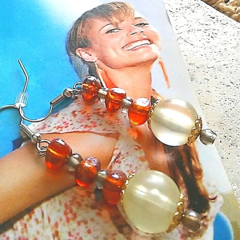 Moonstone Amber Earrings Gemstones 14K Hypoallergenic‎ Boho Glam Artsy Pierced